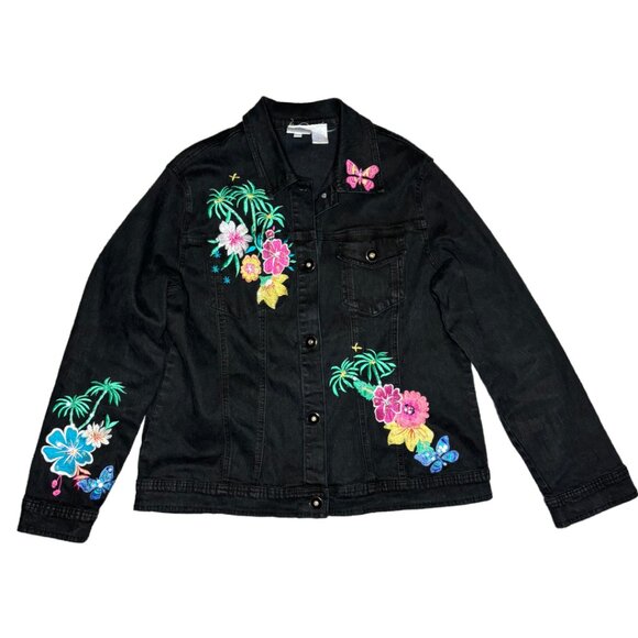 DG2 by Diane Gilman Women's Denim Black Embroidered Jean Jacket Sz L (1499) - Picture 1 of 6